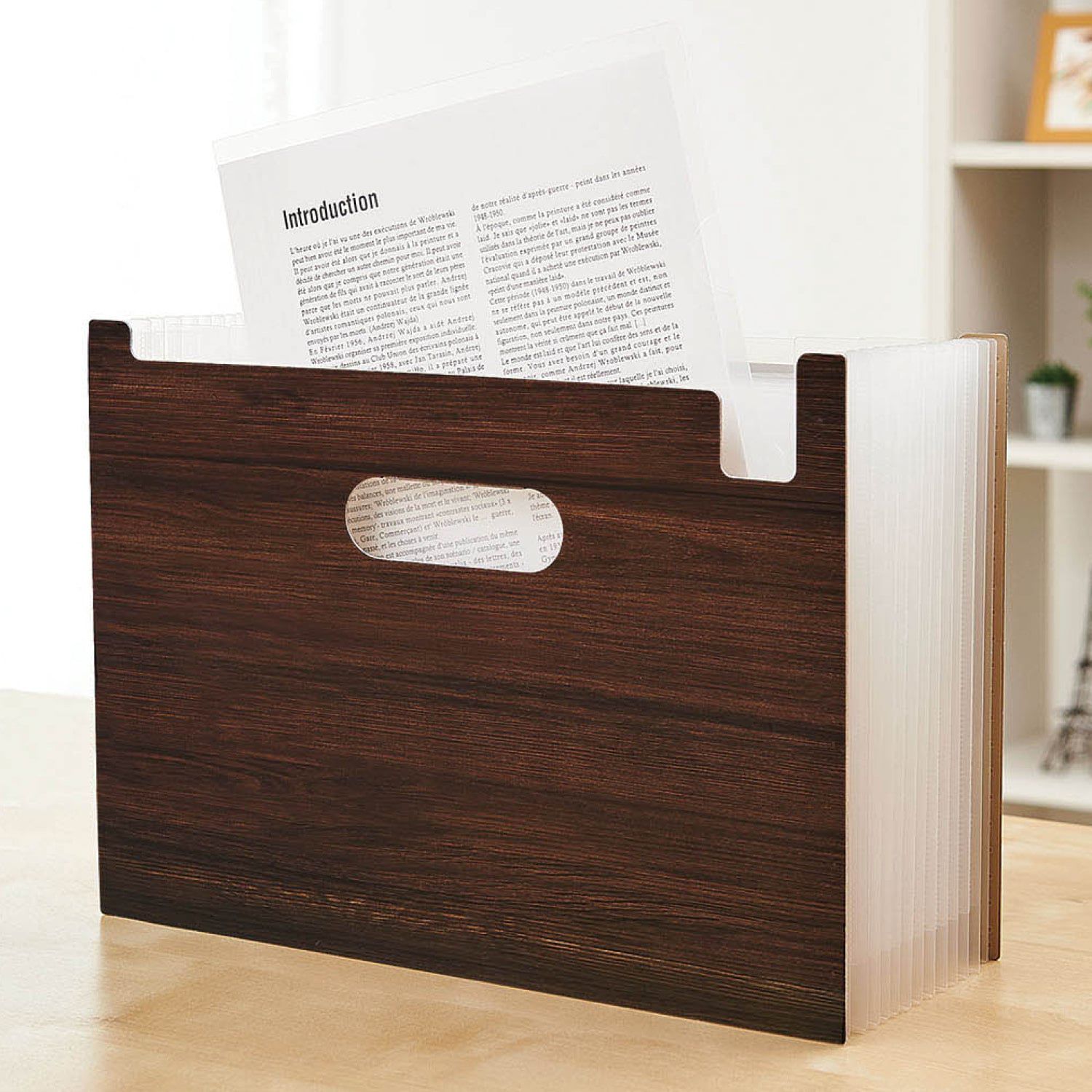 日本千趣會 - 直立式大容量伸縮文件收納盒-平行款-深咖木紋 (33x23.6cm)