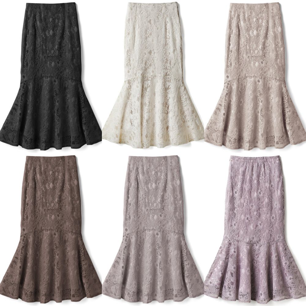 日本 GRL - 花朵蕾絲魚尾長裙-杏