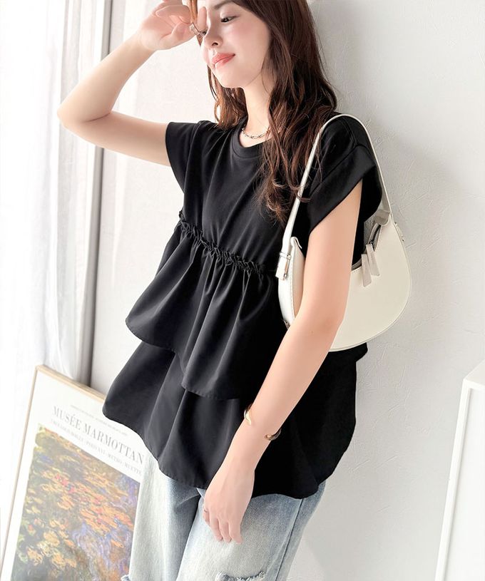 日本 Classical Elf - 浪漫不對稱拼接荷葉短袖上衣-炭灰