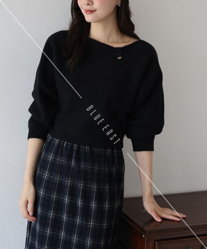 日本 BLUE EAST - 顯瘦曲線領簡潔針織長袖上衣-咖啡 (M)