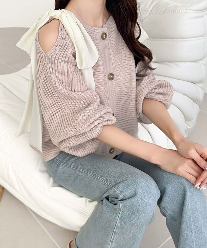 日本 Classical Elf - mily bilet 露肩甜美大蝴蝶結羅紋開襟衫-米白