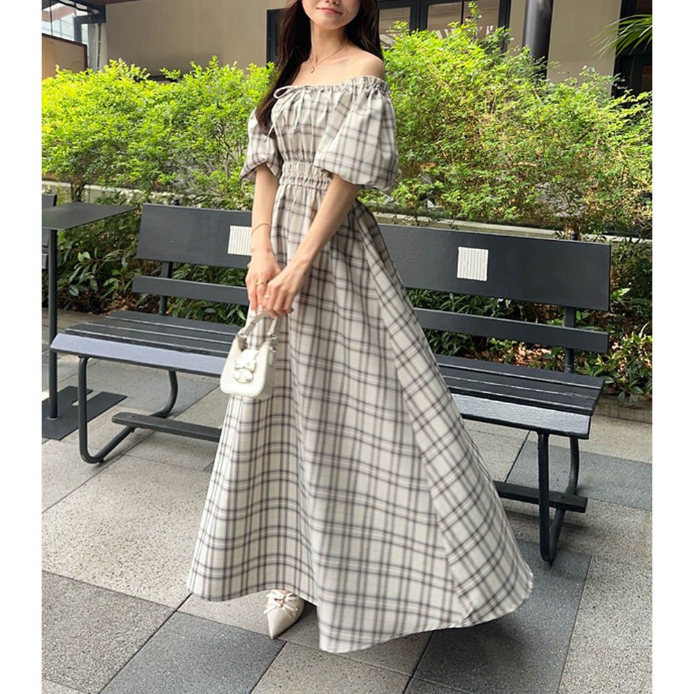 氣質格紋泡泡短袖方領洋裝-卡其棕 (F)