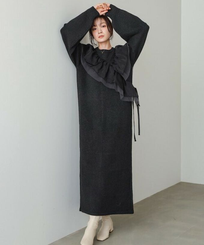 日本 Bab - 交叉薄紗荷葉柔美針織長袖洋裝-咖啡