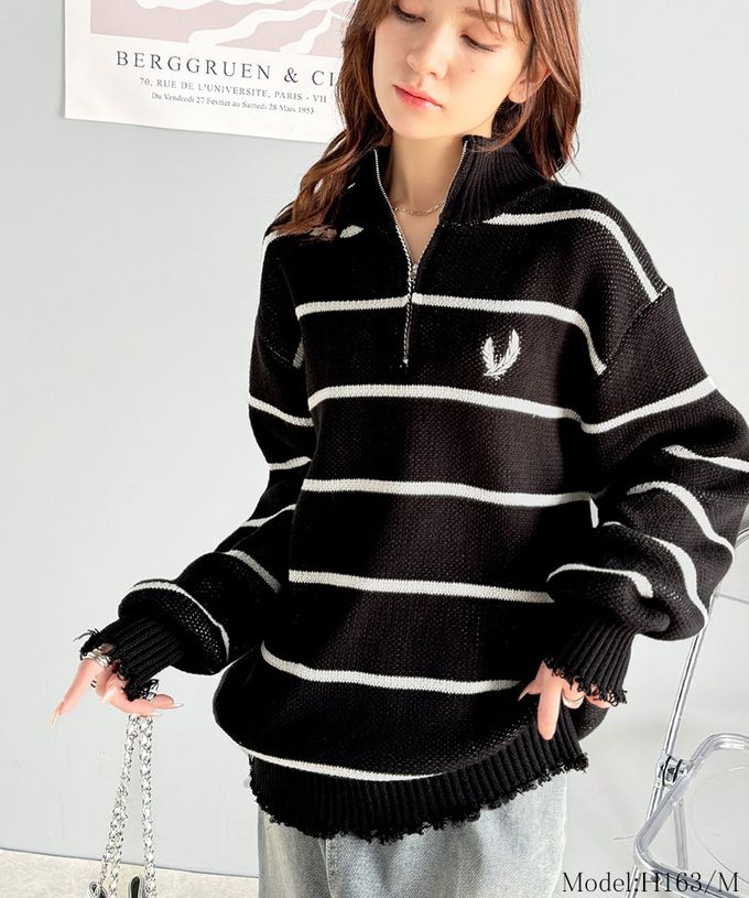 日本 Classical Elf - 半拉鍊寬版不修邊條紋針織上衣-黑