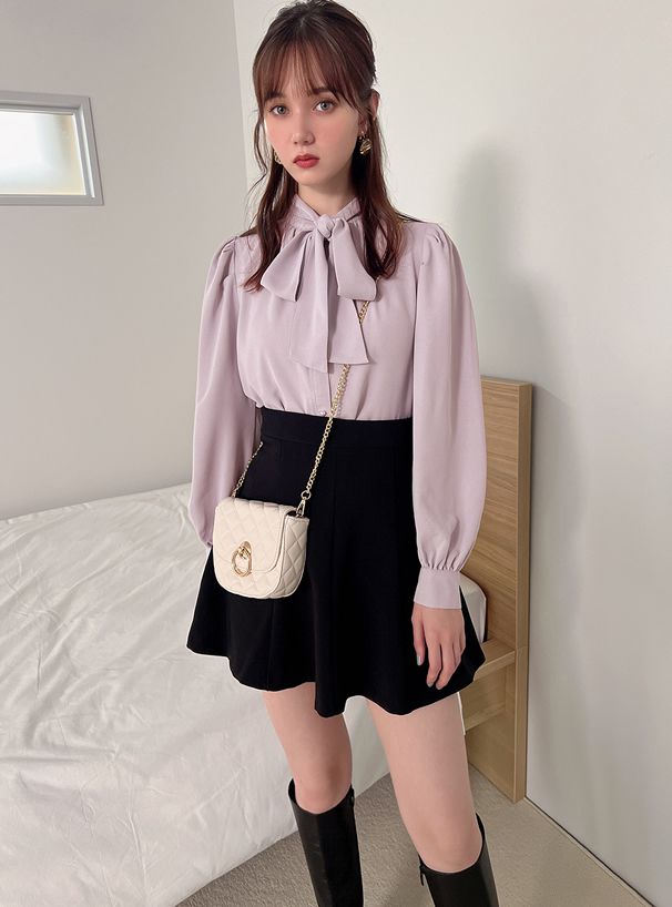 日本 GRL - 優雅扭結雪紡長袖上衣-簡約黑