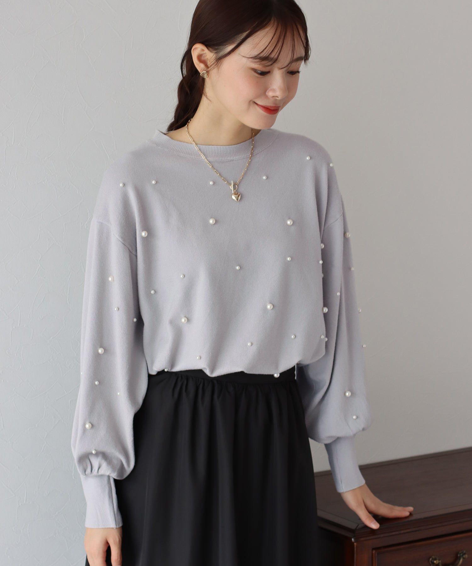 日本 BLUE EAST - 氣球袖珍珠注目針織上衣-粉紅