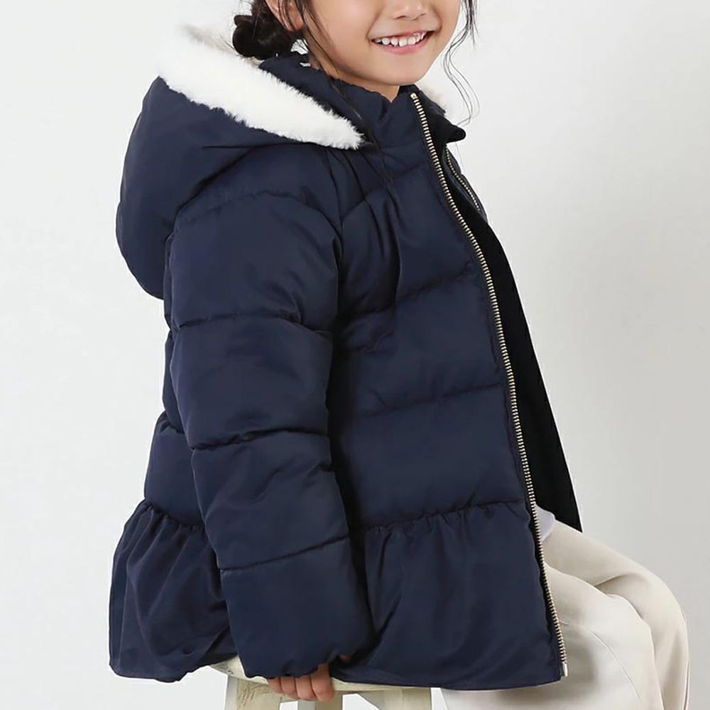 甜美下擺輕暖纖維羽絨外套(毛帽可拆)-深藍