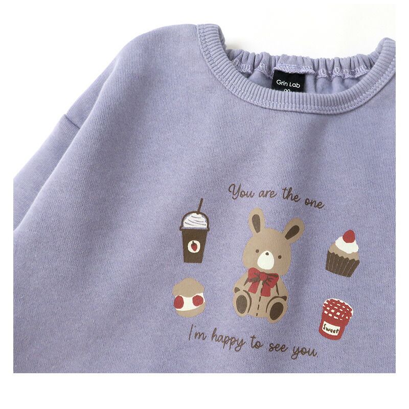 日本 ZOOLAND - 童趣印花圓領純棉長袖上衣-兔兔甜點-淺灰杏