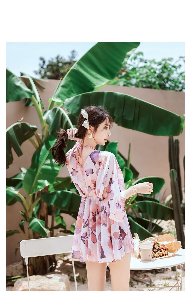 小清新比基尼罩衫顯瘦修身泳衣(三件組)-唯美花瓣-紫+粉-比基尼上衣、泳褲、罩衫