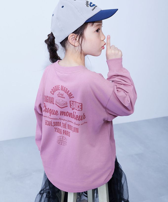 日本 devirock - 100%棉 定番女孩印花長袖上衣-四格貓咪-雜灰