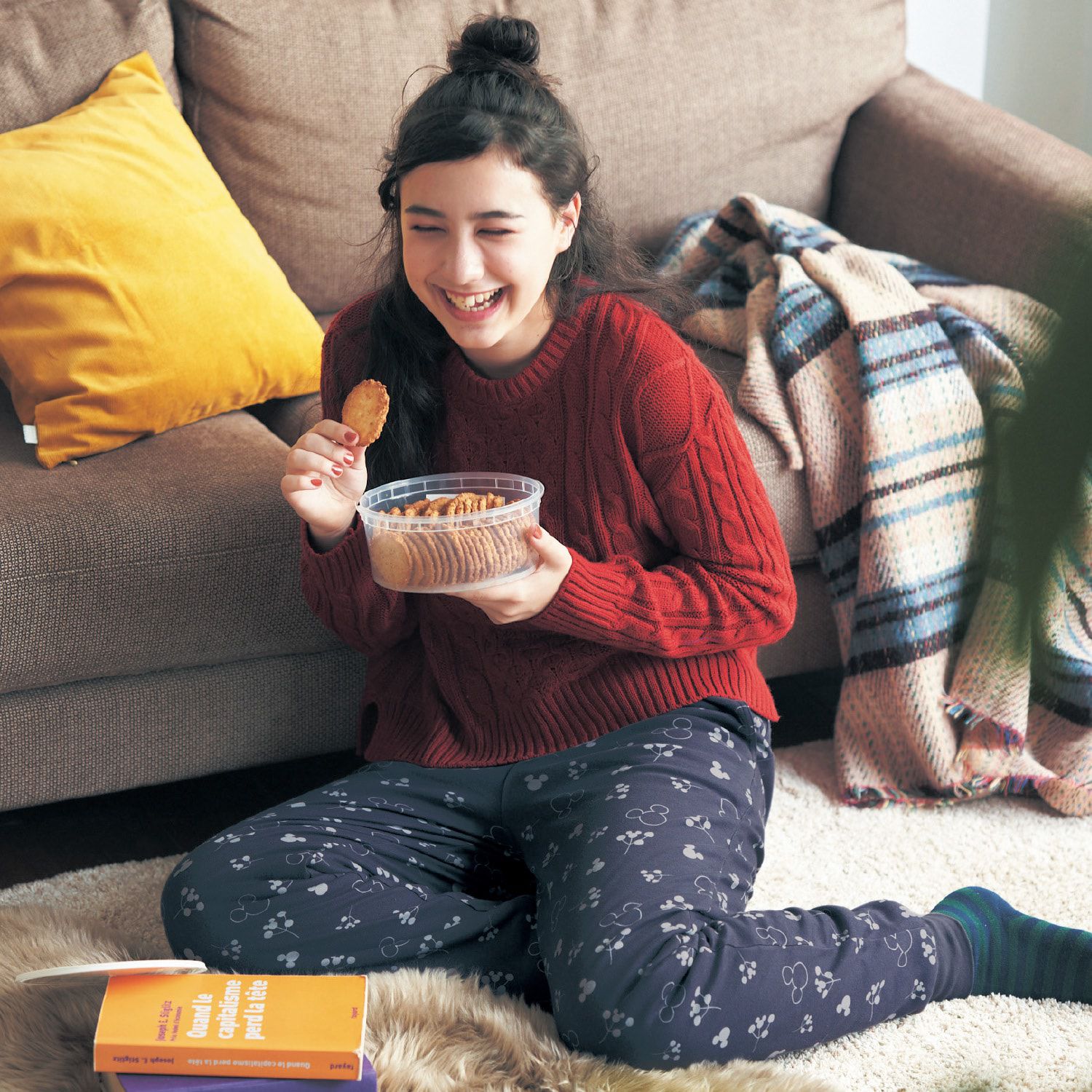 日本千趣會 - 迪士尼 柔軟家居休閒長褲-米奇花草-深灰