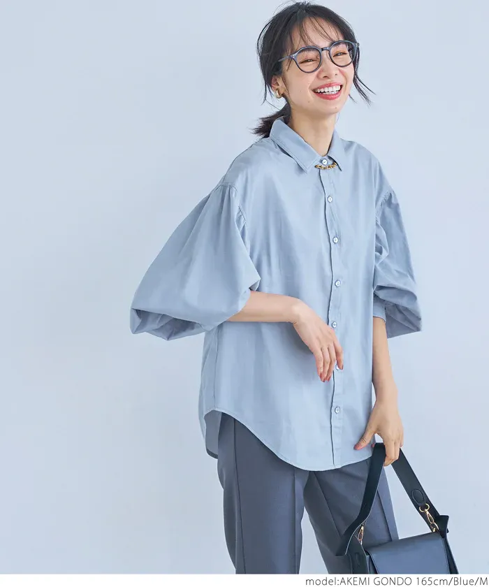 日本 COCA - 翻領寬鬆氣球袖襯衫-米杏