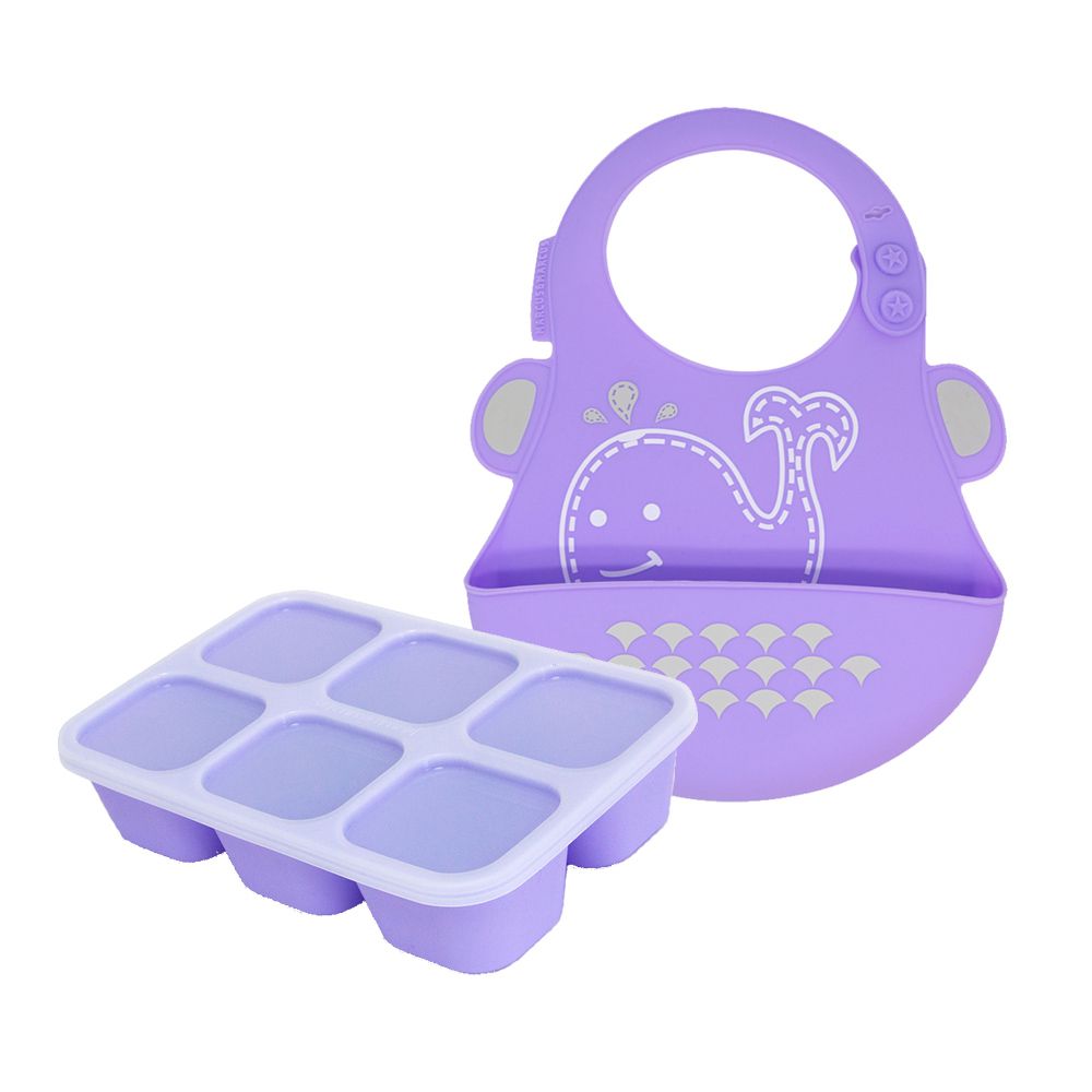 MARCUS＆MARCUS - 萌寶快樂用餐組(造型圍兜+分裝盒)-紫鯨魚