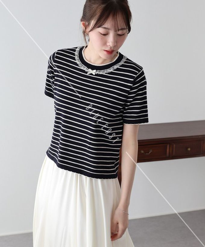 日本 BLUE EAST - 蕾絲蝴蝶結領條紋針織短袖上衣-象牙白