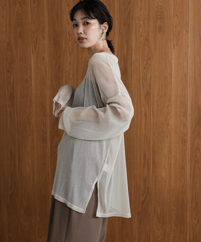 日本 Bab - 光澤閃耀透膚寬版長袖上衣-深灰