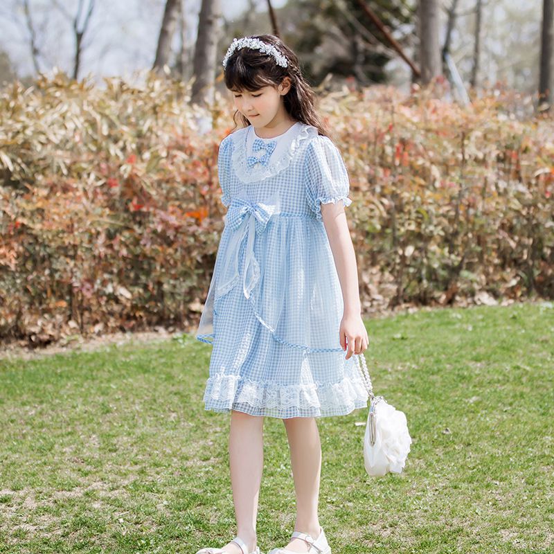 蕾絲娃娃領泡泡袖洋裝-格紋-藍+白