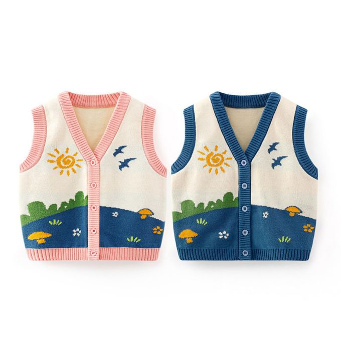 好搭V領鈕釦針織背心-公園-深藍+米色
