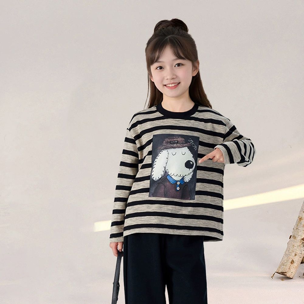 透氣竹節紋長袖上衣-卡通小狗-條紋