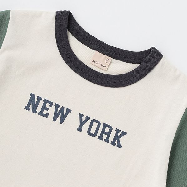 日本 petit main - 百搭印花短袖上衣-恐龍線條-卡其黃