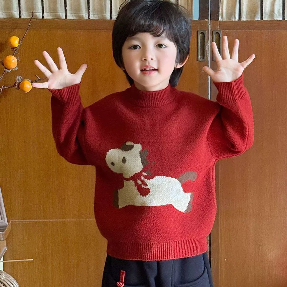 加厚保暖針織長袖上衣-萌系小馬-紅色