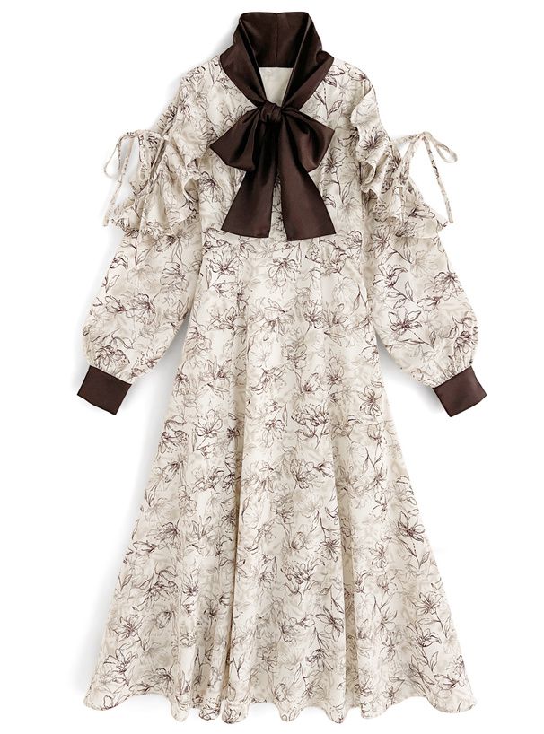 日本 GRL - 開袖設計碎花扭結長袖洋裝-米杏