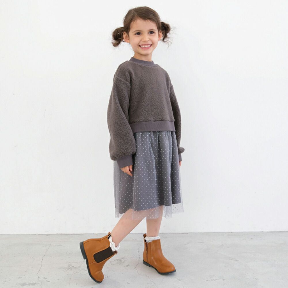 日本 evercloset - 歐風點點薄紗拼接洋裝-摩卡