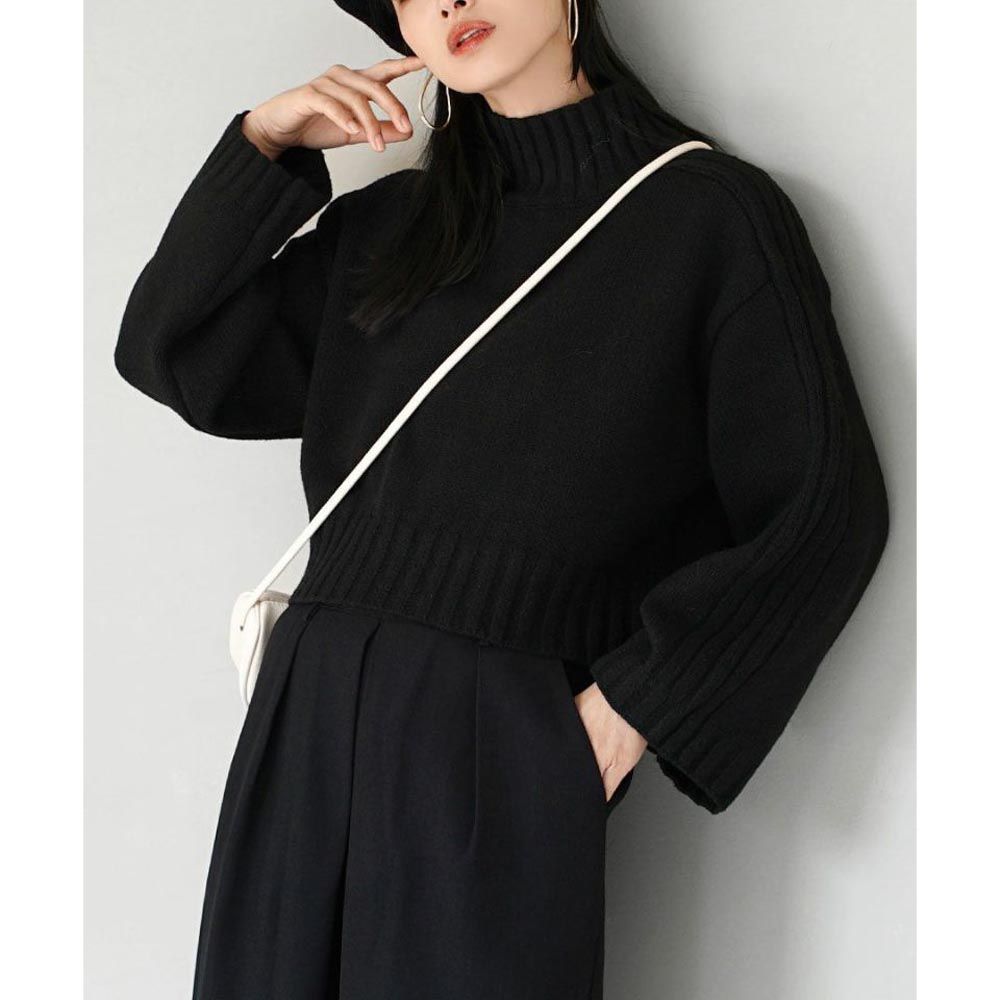 日本 zootie - 寬鬆立領羅紋針織短版毛衣-黑