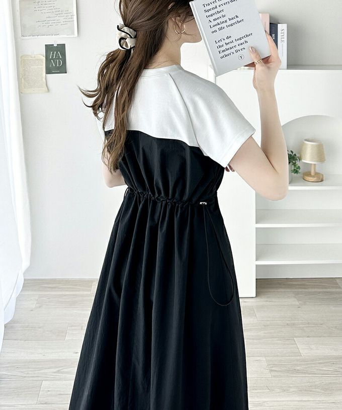 日本 Classical Elf - 法式袖拼接縮腰抽繩洋裝-卡其x淺灰