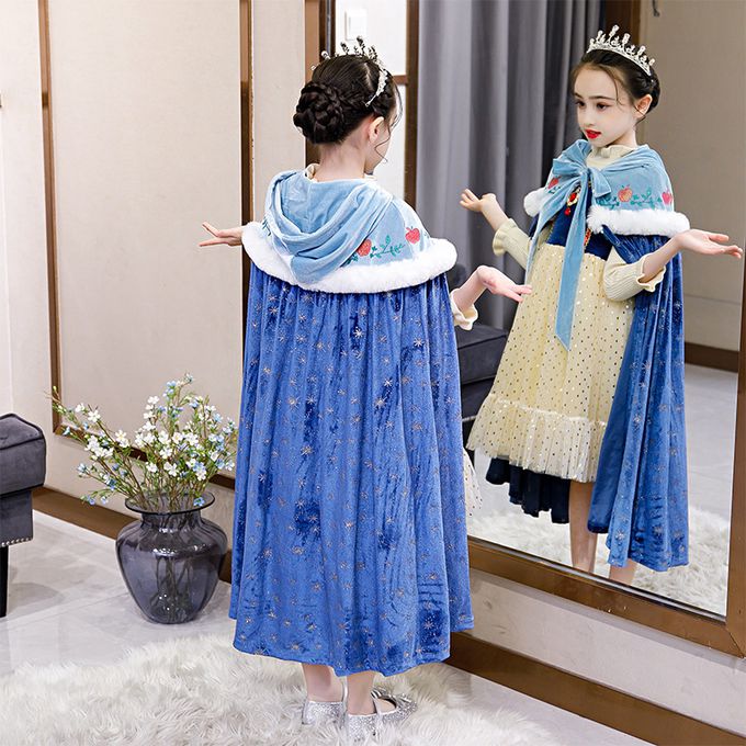 冰雪女王保暖印花斗篷-淺藍色毛領