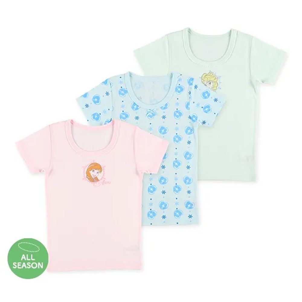 聯名款 舒適內搭短袖上衣(3件組)-卡通人物冰雪奇緣-粉藍綠