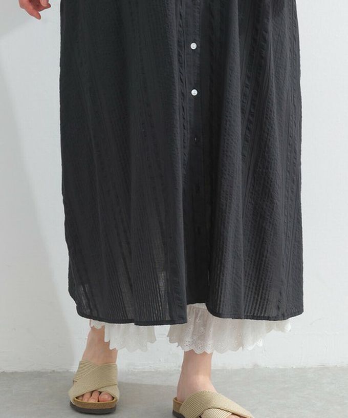 日本 Lupilien - 前後2way 印度棉泡泡袖輕盈洋裝-墨灰條紋