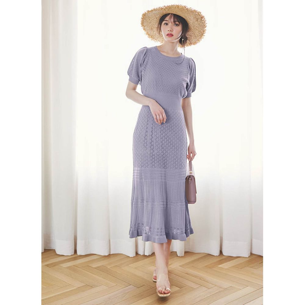 日本 GRL - 優雅針織鏤空雕花設計短袖洋裝(附背心襯裙)-淺紫藍