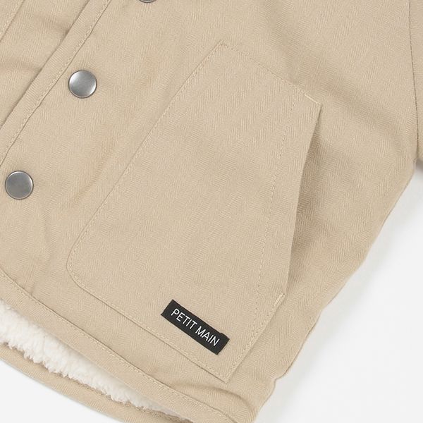 日本 petit main - 翻領英倫風絨毛雙面穿外套-素面卡其