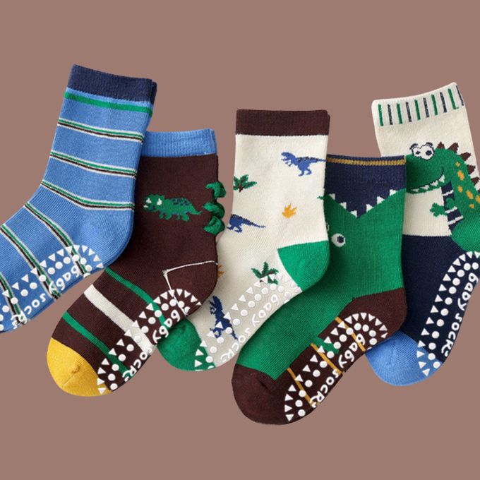 叢林小恐龍防滑點膠中筒棉襪