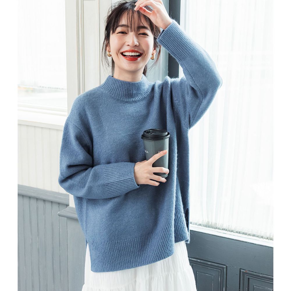 日本 COCA - 柔軟小高領顯瘦針織毛衣-藍