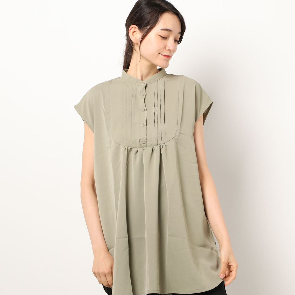 日本 Riche Glamour - 胸口小百褶抓皺設計無袖上衣-墨綠