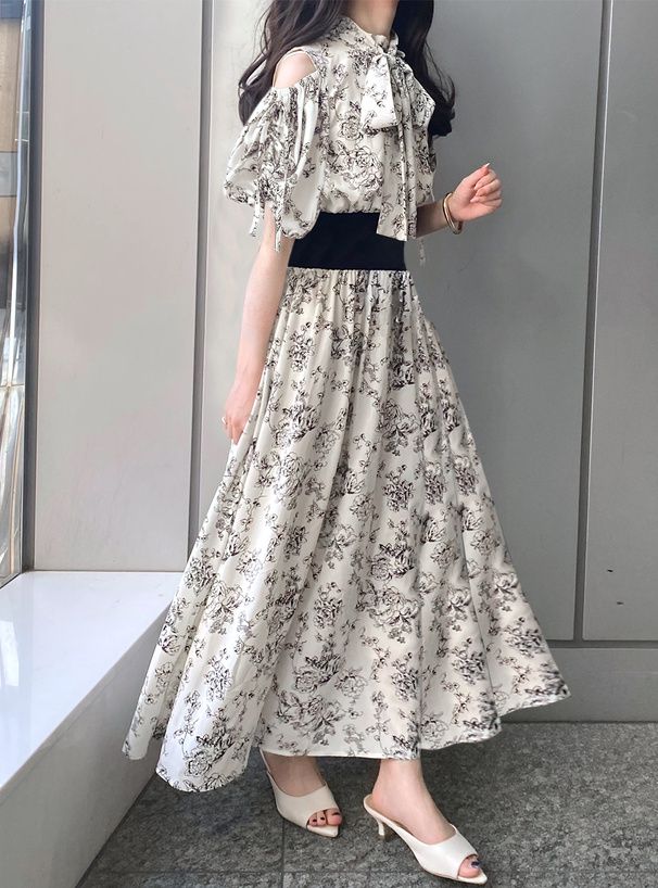 日本 GRL - 絕美氣質扭結收腰碎花洋裝-象牙杏