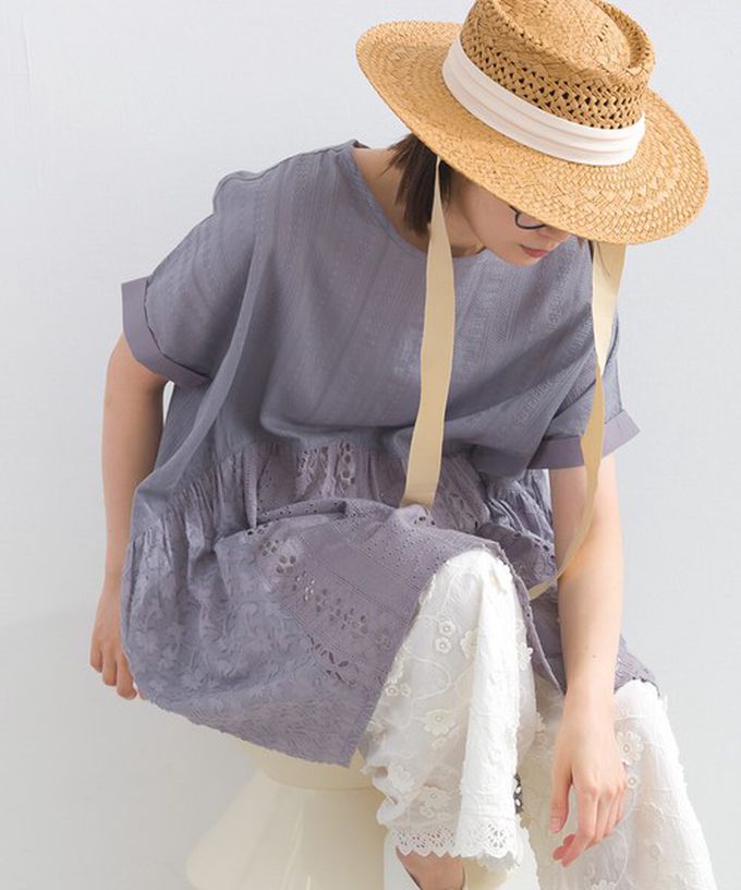 日本 Lupilien - 100%印度棉 柔美緹花長版短袖上衣-炭灰