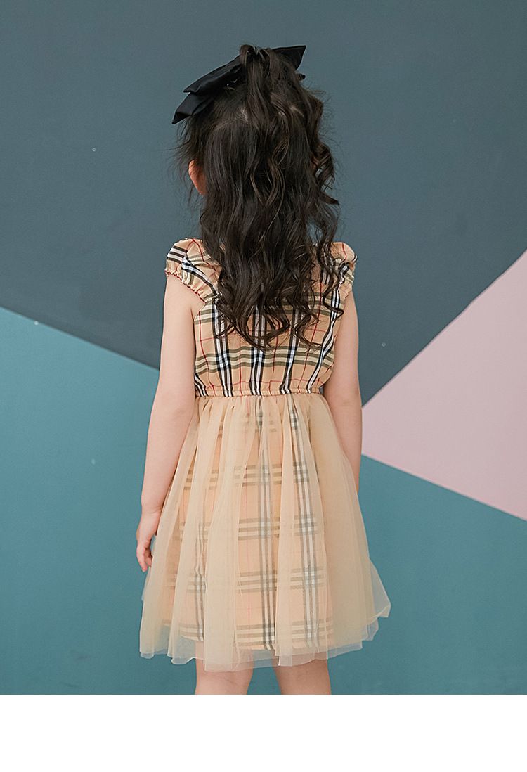 甜美網紗背心洋裝-格紋款-卡其色