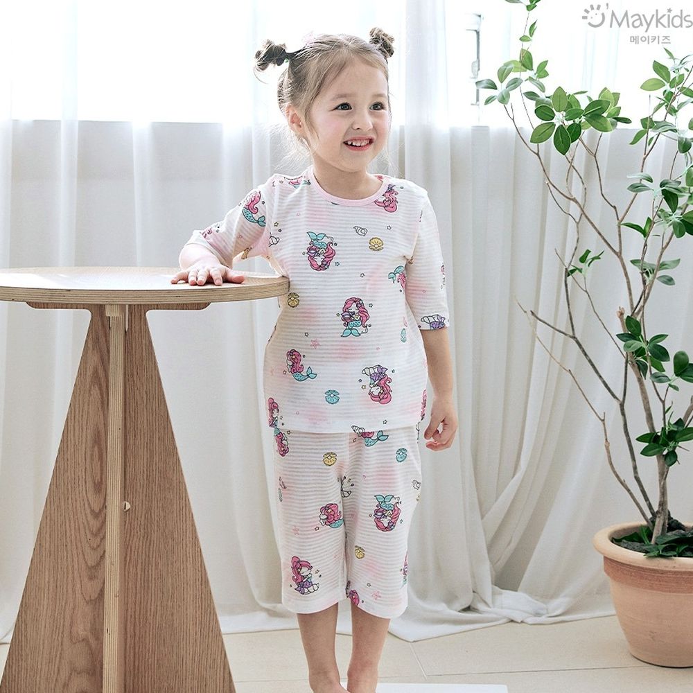 透氣條紋提花棉七分袖家居服-童話美人魚-白X粉