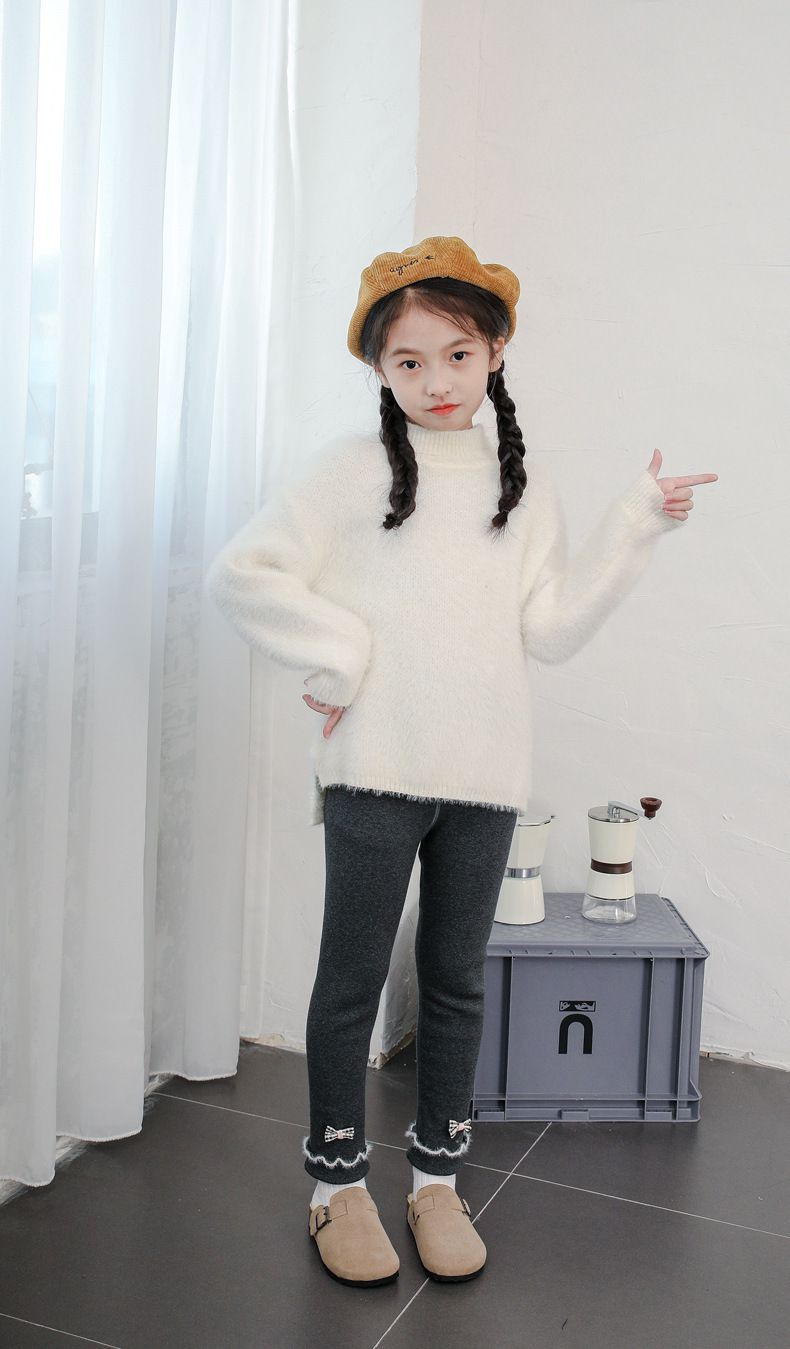 FANMOU - 加絨腰鬆緊兒童內搭褲-木耳邊蝴蝶結-深灰色