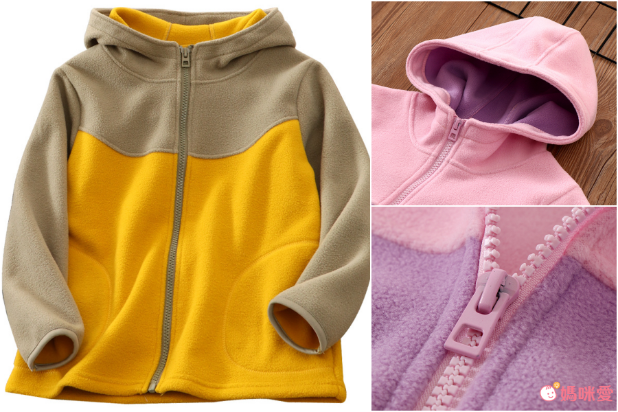 搖粒絨拼色立領連帽保暖外套-灰綠色x黃色