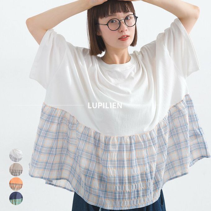 日本 Lupilien - 接觸涼感 可愛格紋休閒五分袖上衣-白