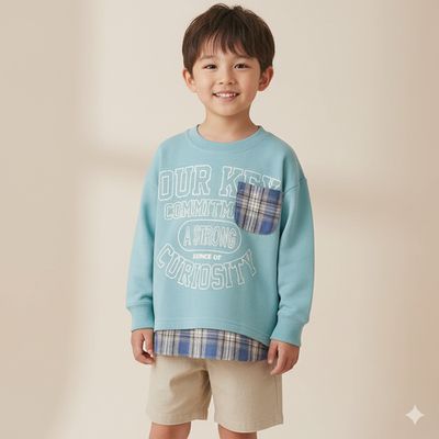 akachan honpo - 拼接休閒上衣-毛圈內裡-藍色