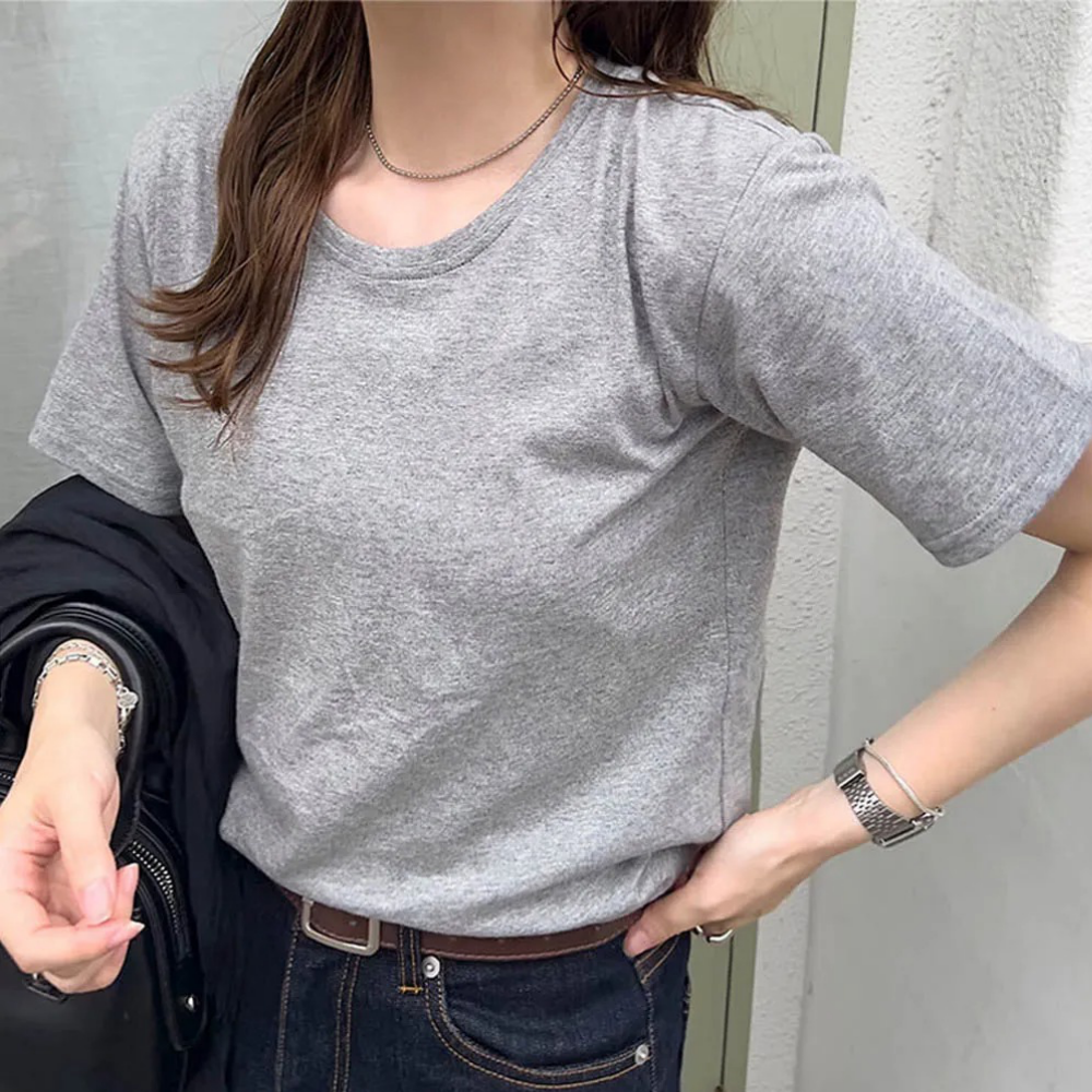 抗透汗 純棉圓領合身短袖上衣-淺灰