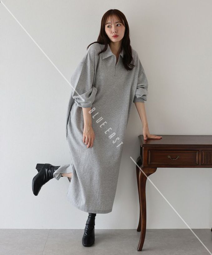 日本 BLUE EAST - 半拉鏈時尚休閒長袖洋裝-海軍藍