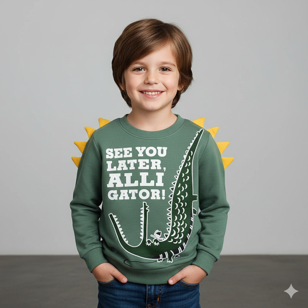 純棉長袖上衣/大學T-鱷魚立體造型-綠色