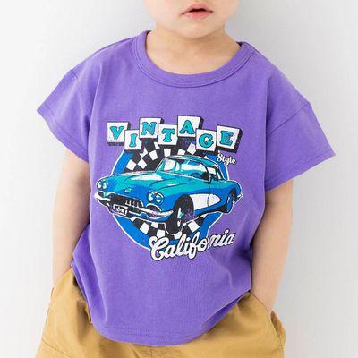 日本 Chil2 - 100%棉 印花柔軟短袖上衣-復古車車-紫