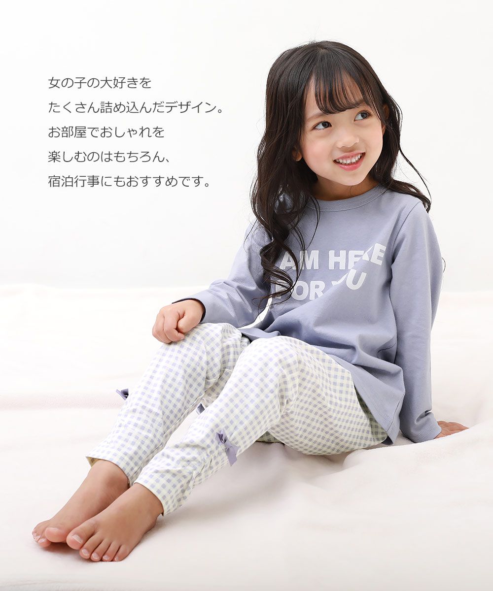 日本 devirock - 天竺棉透氣薄長袖家居服-FOR YOU-粉紫x格紋