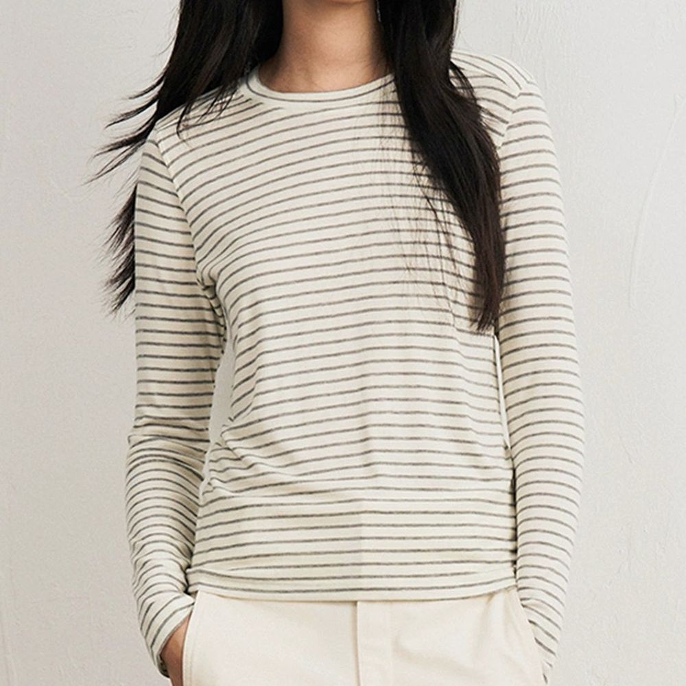 輕柔暖感4.4%羊毛天絲親膚圓領長袖上衣-雲灰條紋